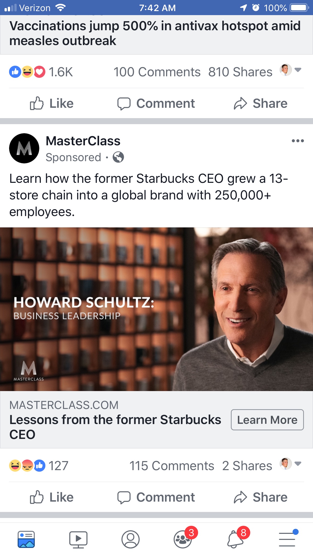 Howard Schultz MasterClass Facebook ad.