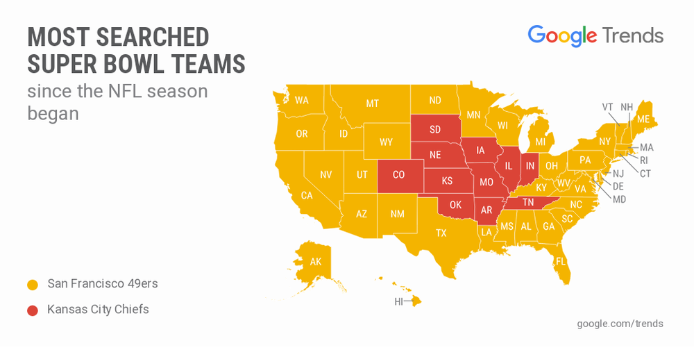 Map: Most Searched Super Bowl Teams