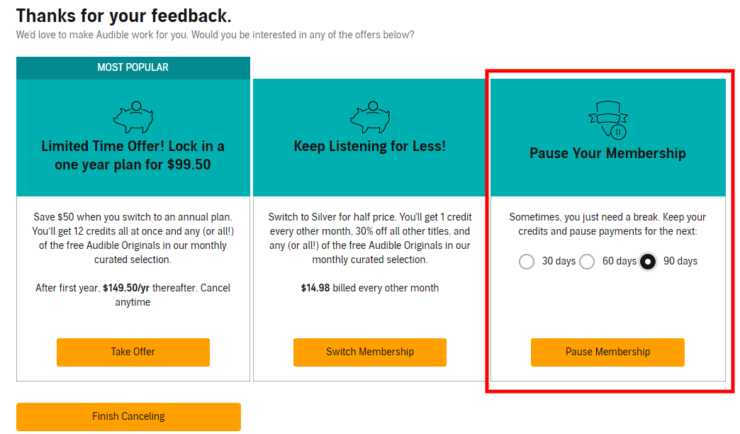 Screenshot: Audible Membership Pause