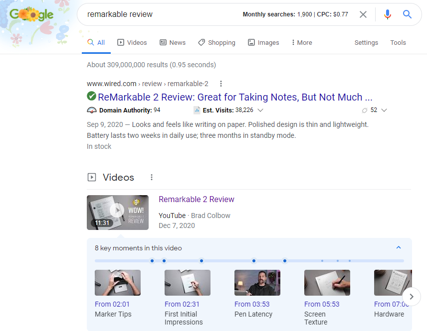 Screenshot: Google SERPs Key Moments Videos