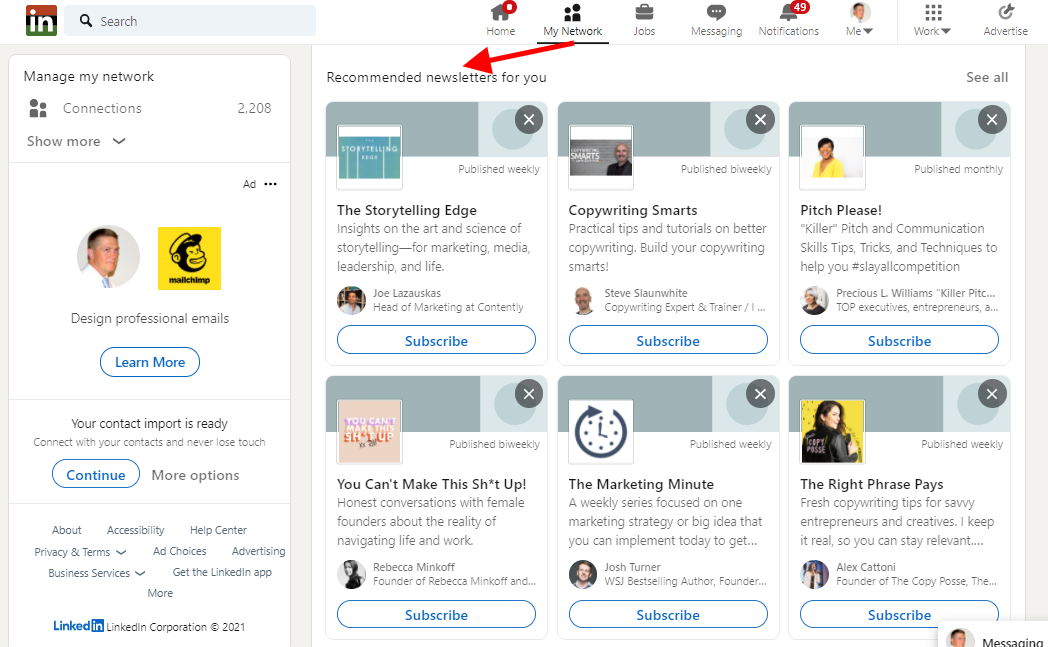 Screenshot: LinkedIn Newsletter Recommendations